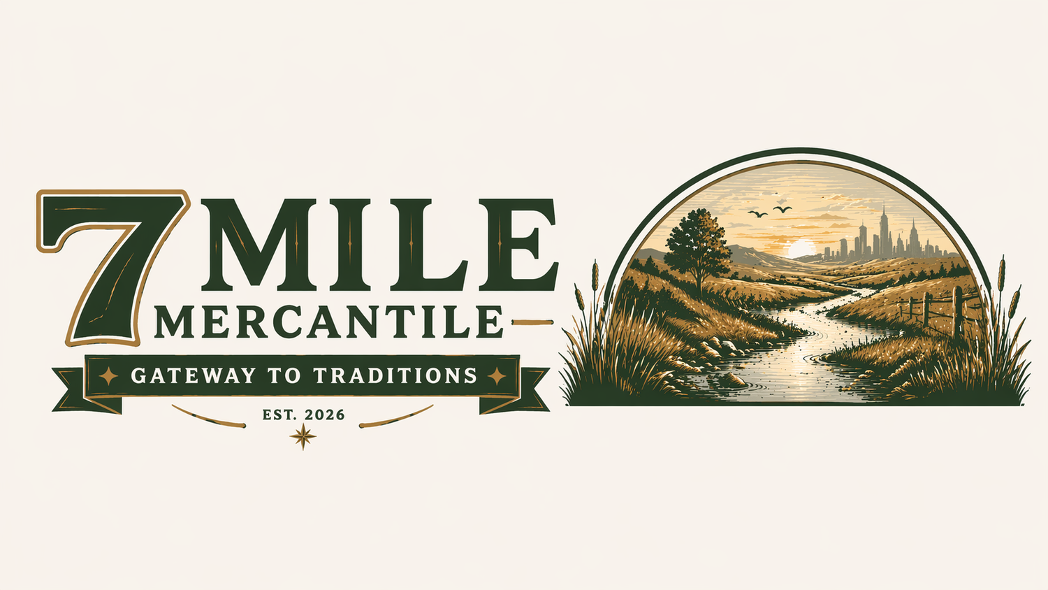 Logo for 7 Mile Mercantile with a scenic background of a sunset over a field.